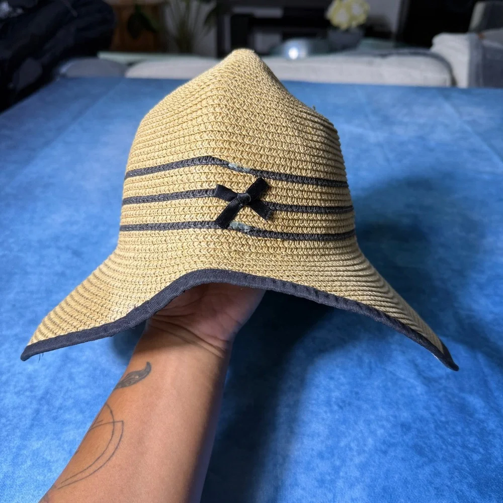 Y2K Boho Floppy Straw Sun Hat Black Bow Wide Brim Beach Festival